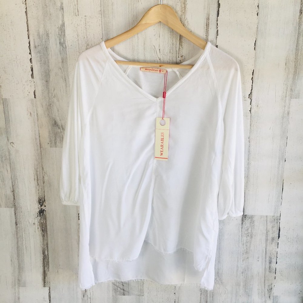 NWT XCVI  Wearables White Tunic Top Blouse 3/4 Sleeve Mixed Media Lagenlook
